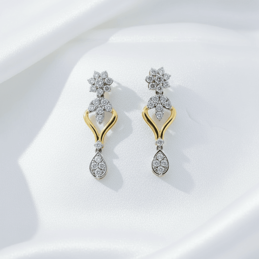 Two-Tone Flower Teardrop Diamond Drop Earrings