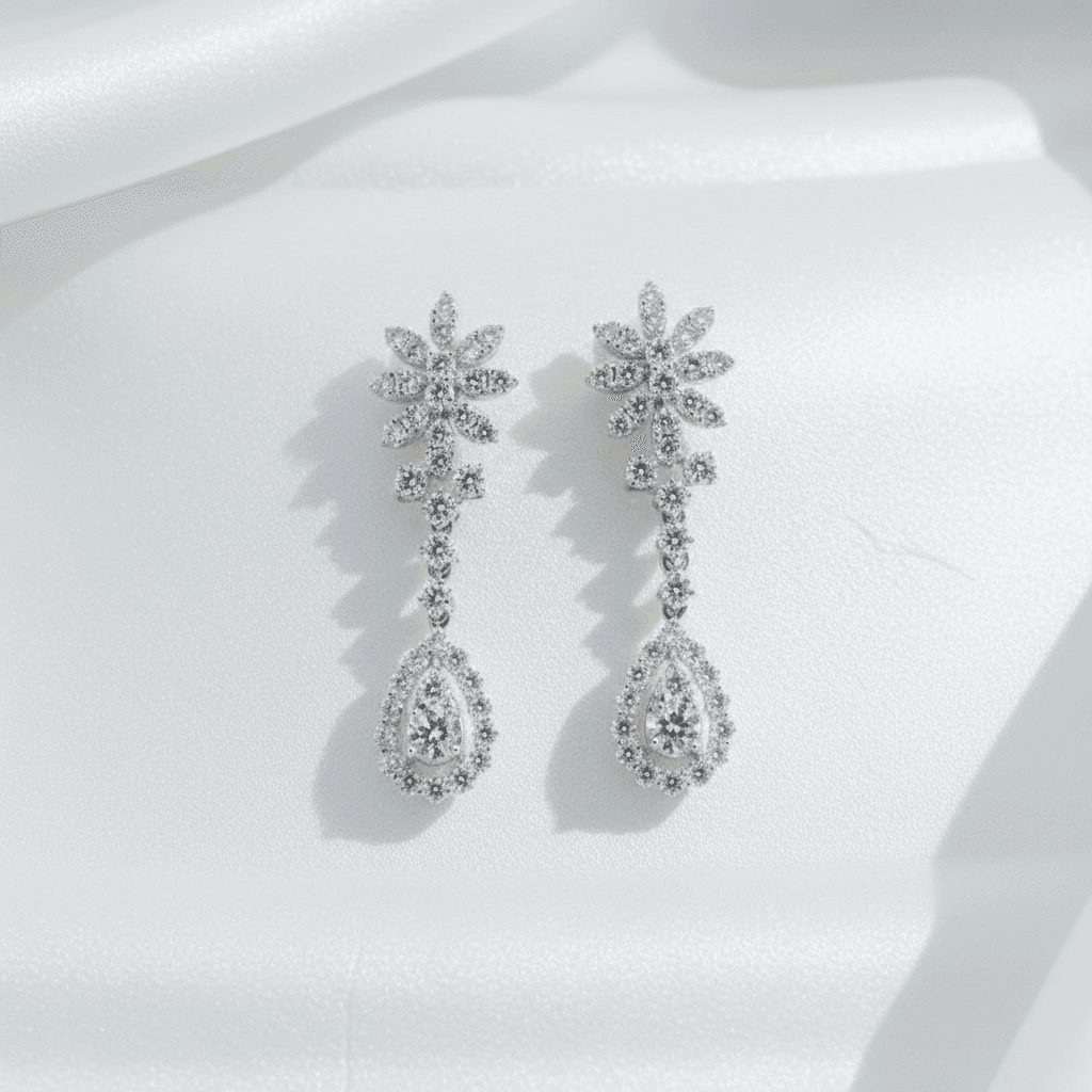 Starburst Flower Teardrop Diamond Drop Earrings