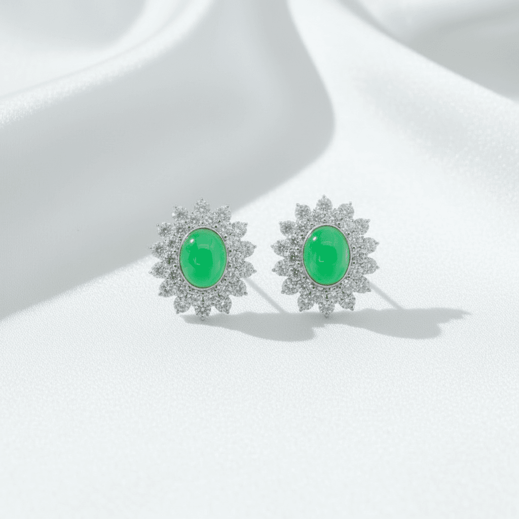 Green Jade Diamond Halo Stud Earrings