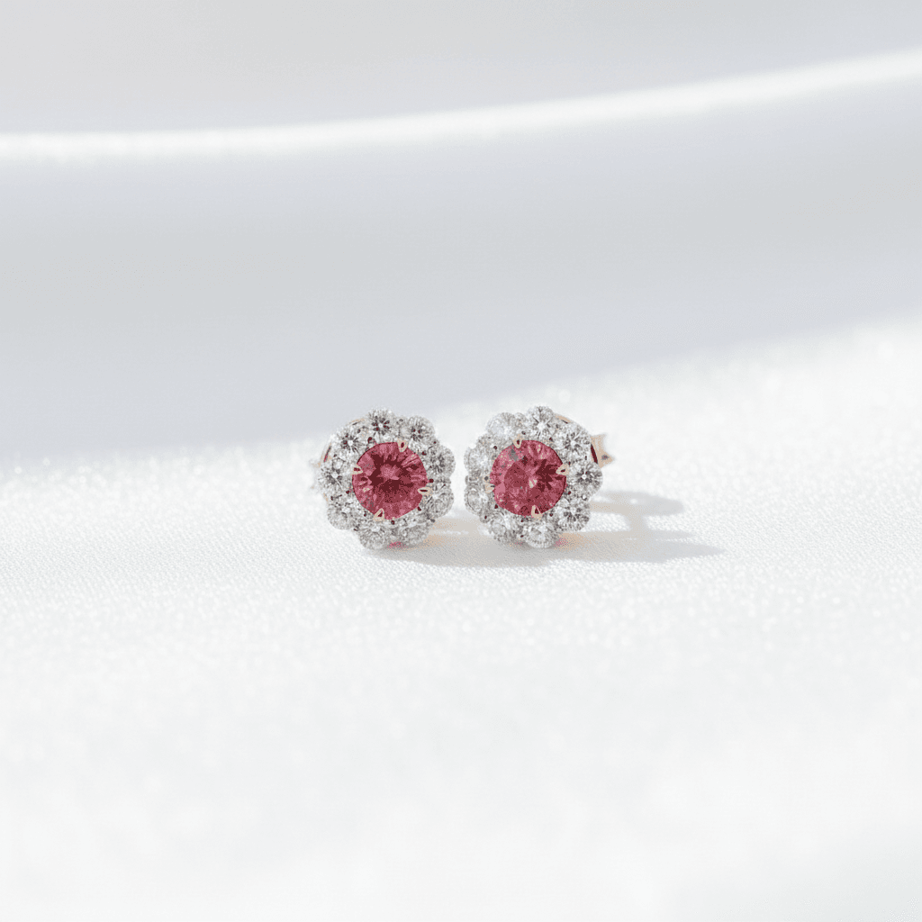 Pink Ruby Diamond Halo Stud Earrings