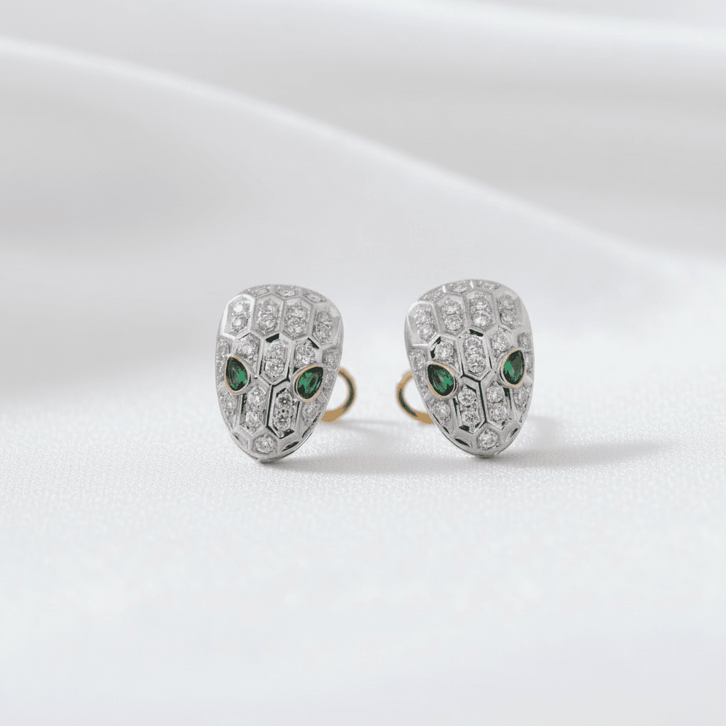 Coiled-Snake Diamond Emerald Eye Stud Earrings
