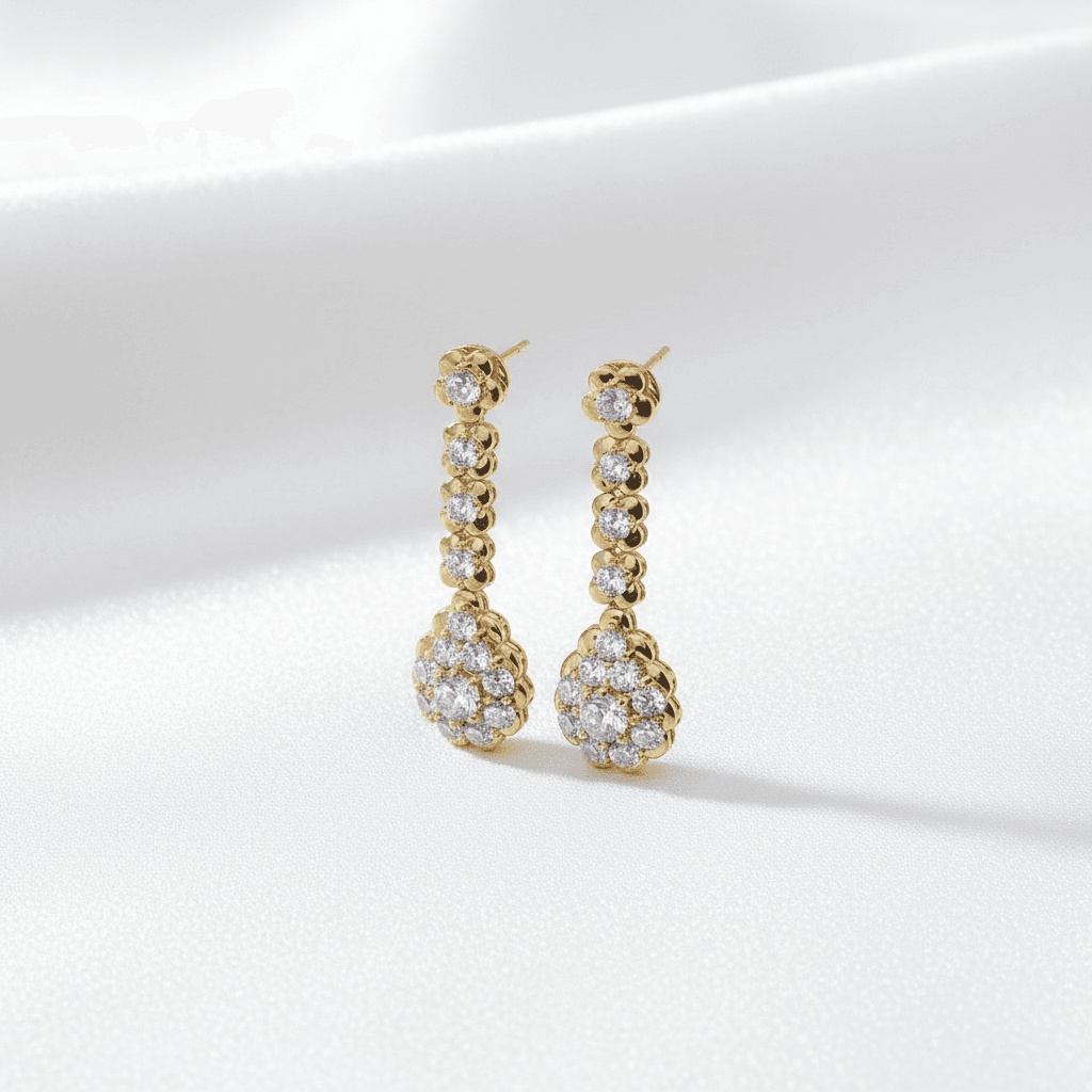 Gold Flower Cluster Diamond Drop Earrings