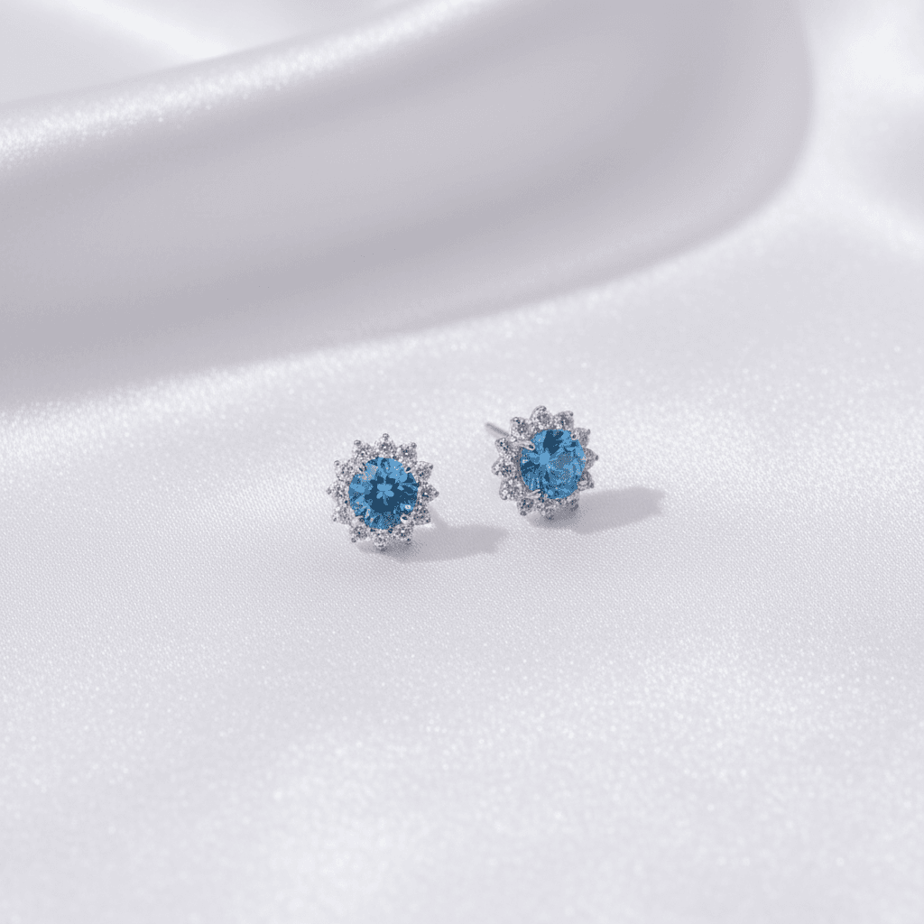 Blue Topaz Diamond Halo Stud Earrings