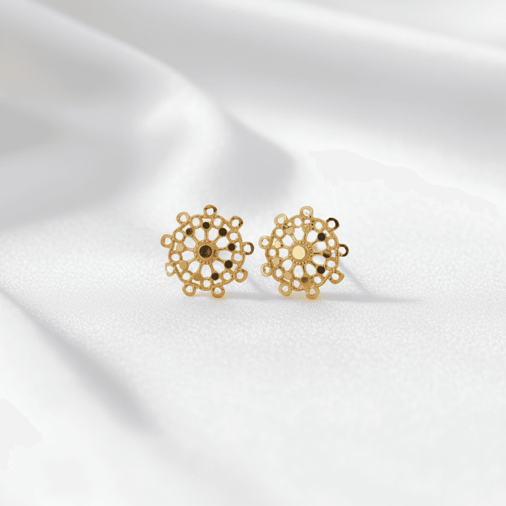 Gold Filigree Round Wheel Stud Earrings