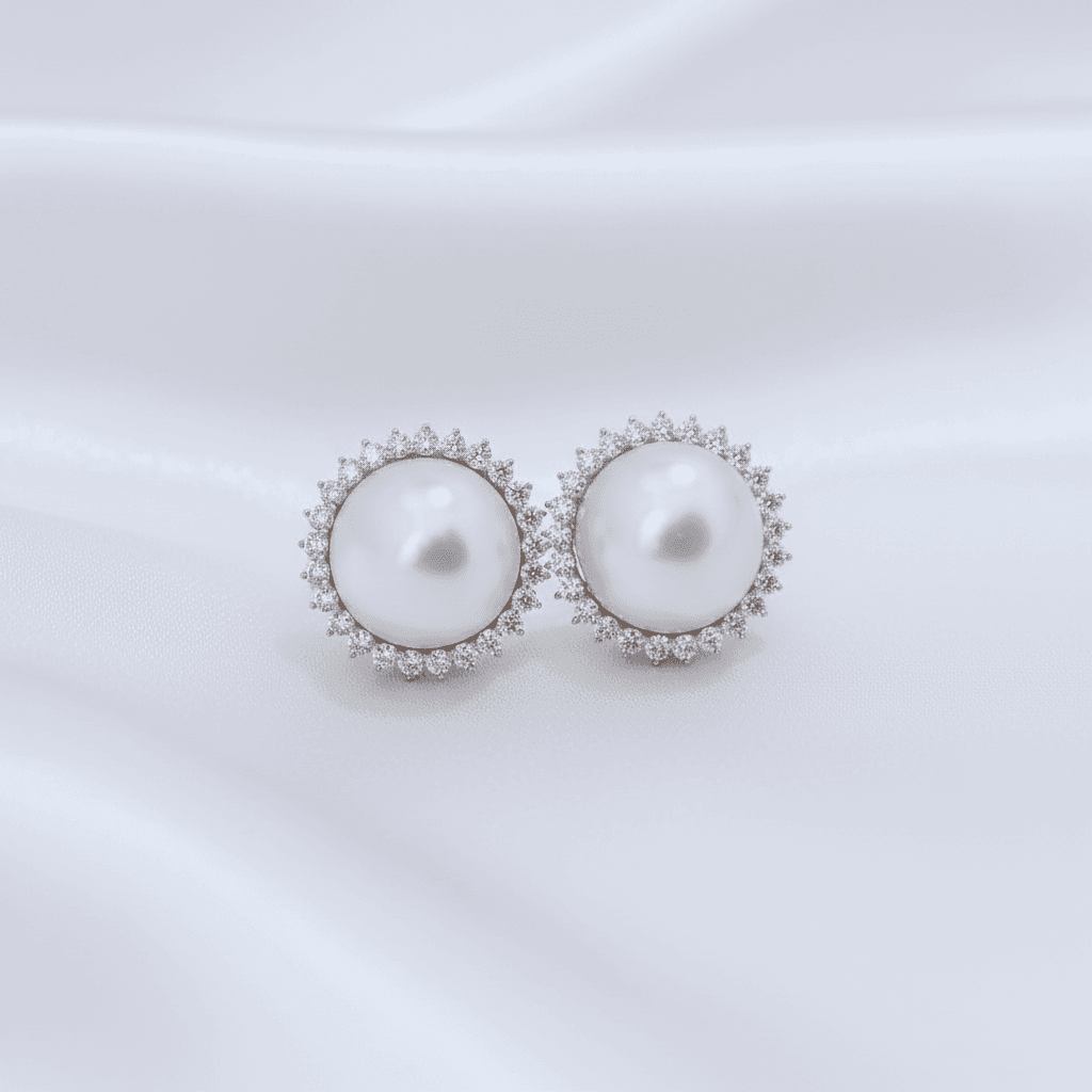 White Pearl Diamond Halo Stud Earrings