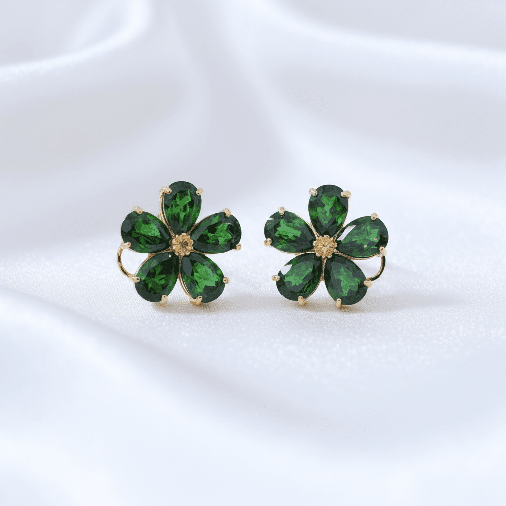 Green Emerald Flower Stud Earrings
