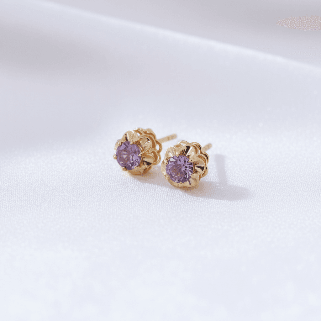 Amethyst Gold Flower Stud Earrings