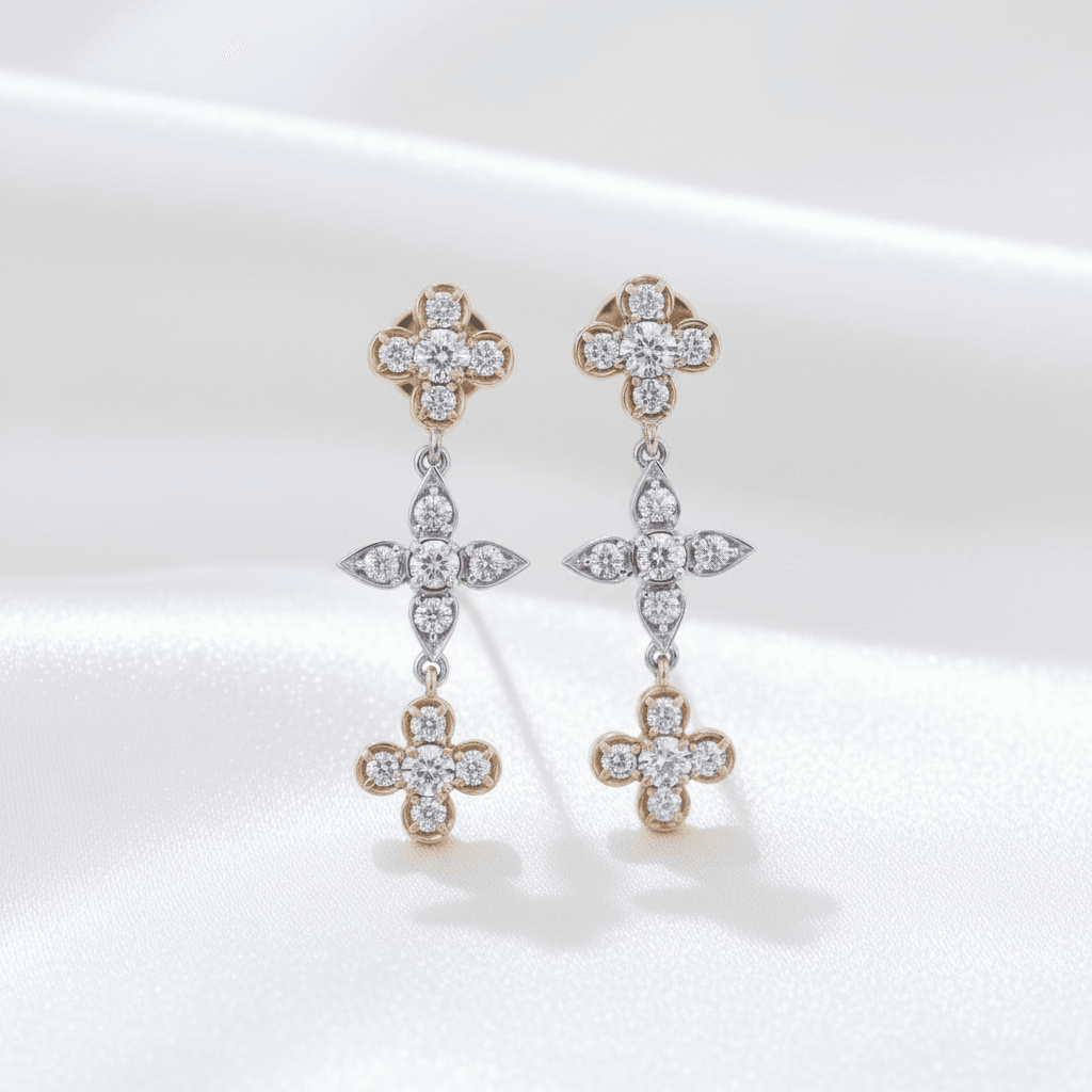 Triple Clover Flower Diamond Drop Earrings
