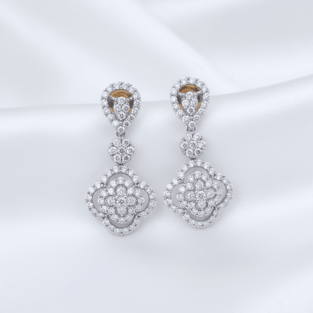 Rose Flower Cluster Diamond Drop Earrings