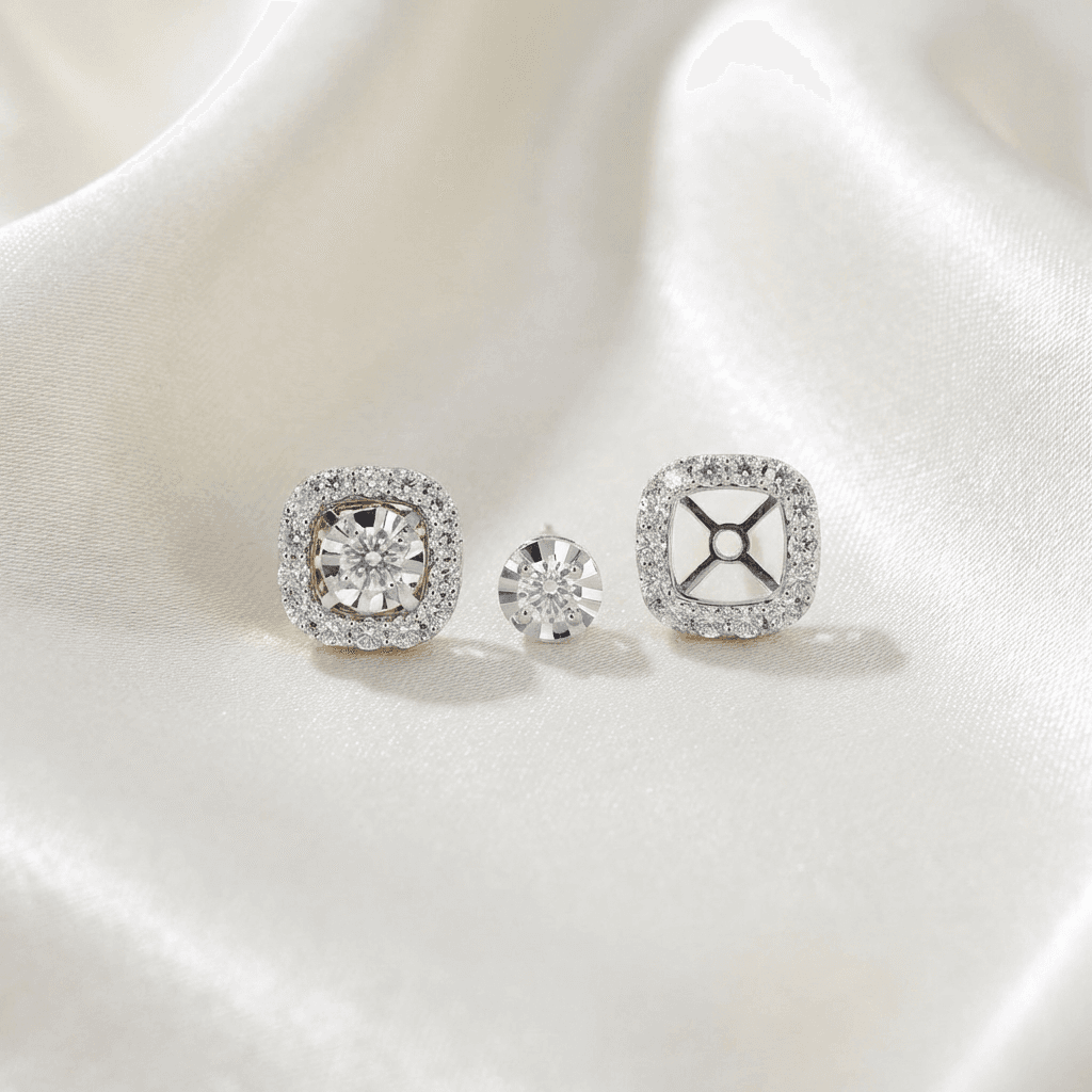 Two-Tone Cushion Halo Diamond Stud Earrings