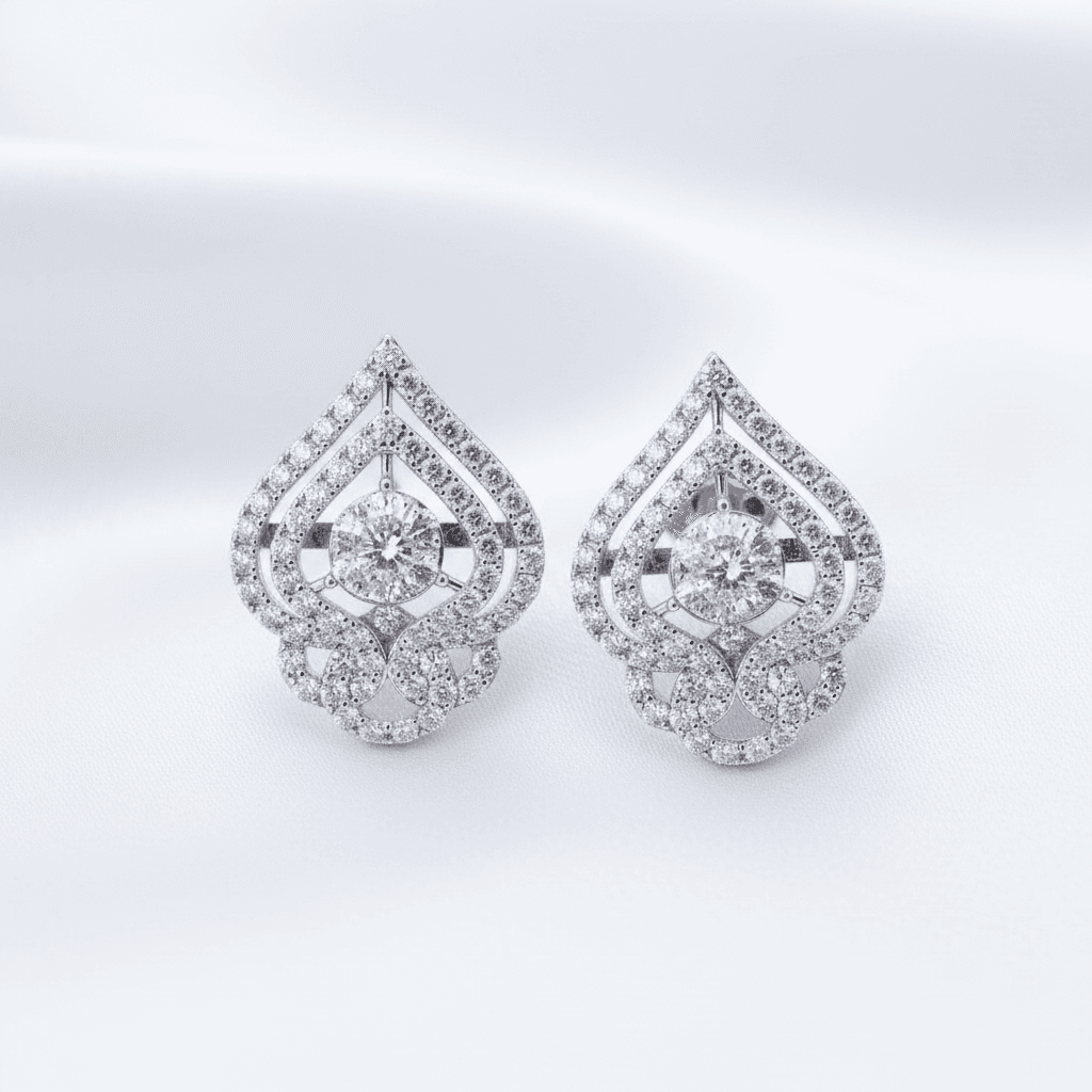 Ornate Teardrop Cluster Diamond Stud Earrings