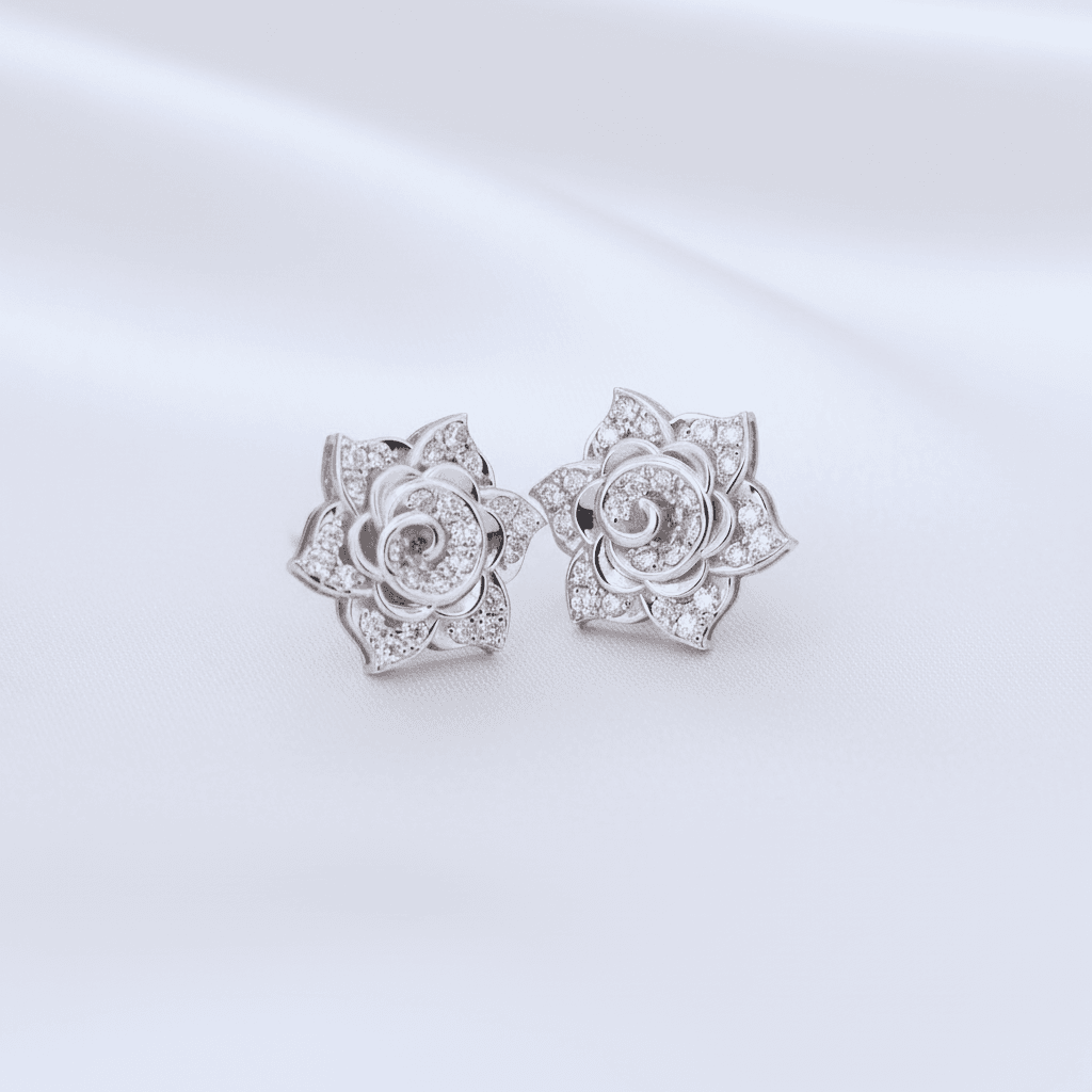 Diamond Rose Flower Stud Earrings
