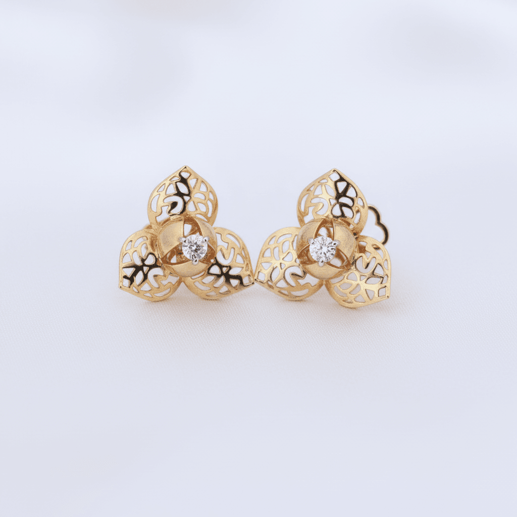 Gold Filigree Flower Diamond Stud Earrings