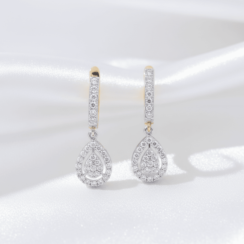 Two-Tone Huggie Teardrop Diamond Drop Earrings
