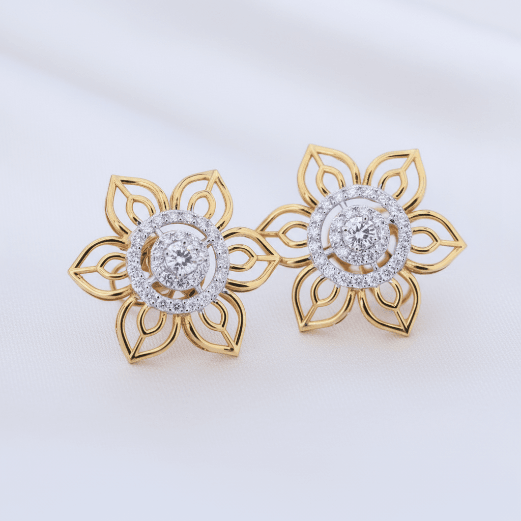 Two-Tone Gold Lotus Flower Diamond Stud Earrings