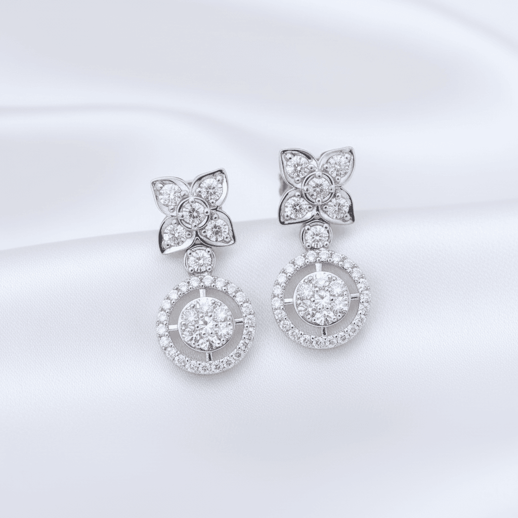 Butterfly Flower Double Halo Diamond Drop Earrings