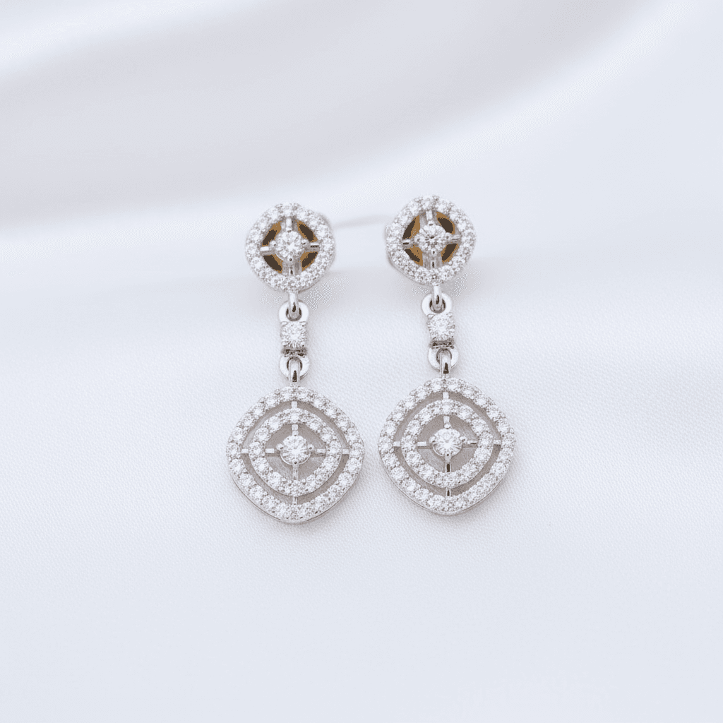 Double Circle Halo Diamond Drop Earrings