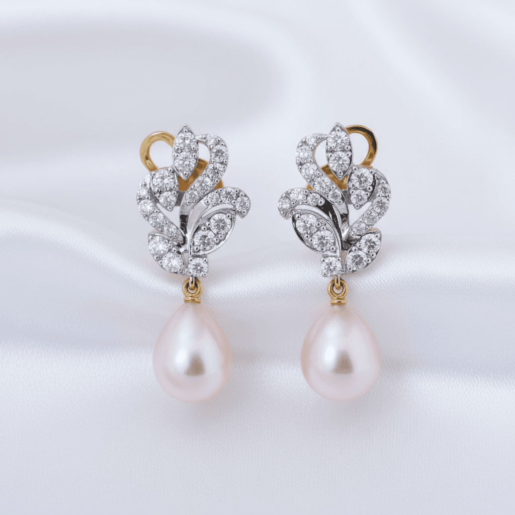 Pink Pearl Diamond Leaf Cluster Drop Earrings