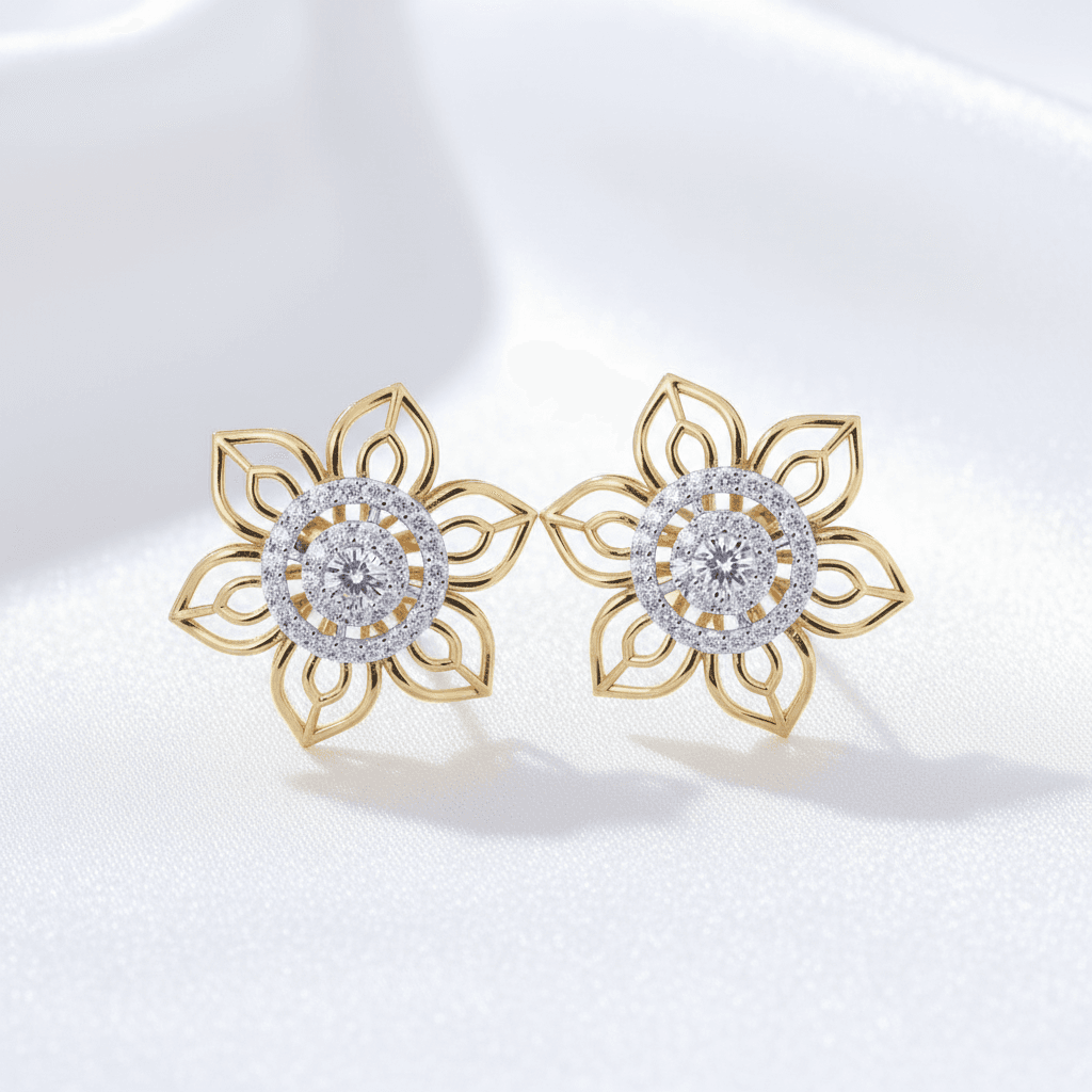 Two-Tone Gold Openwork Lotus Diamond Stud Earrings