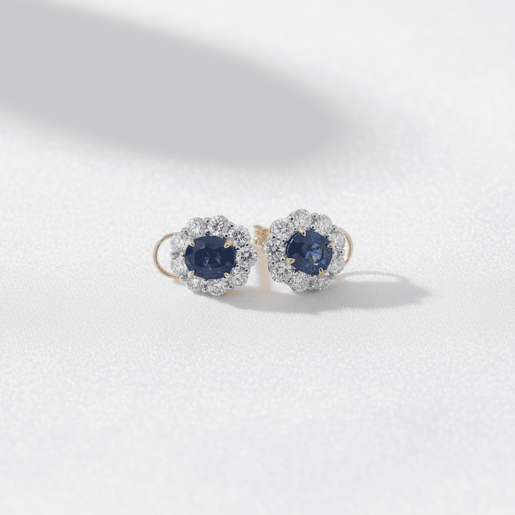 Blue Sapphire Diamond Flower Halo Stud Earrings