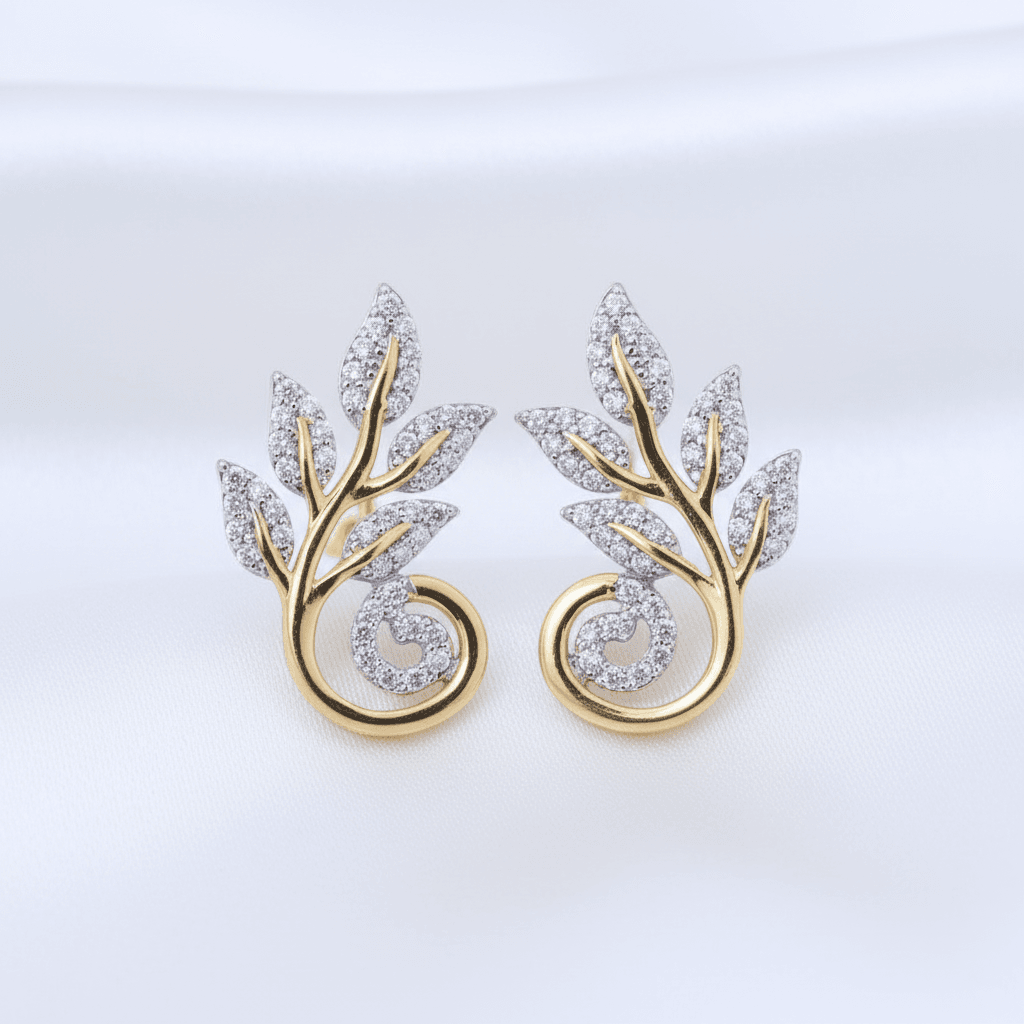 Two-Tone Leaf Branch Swirl Diamond Stud Earrings