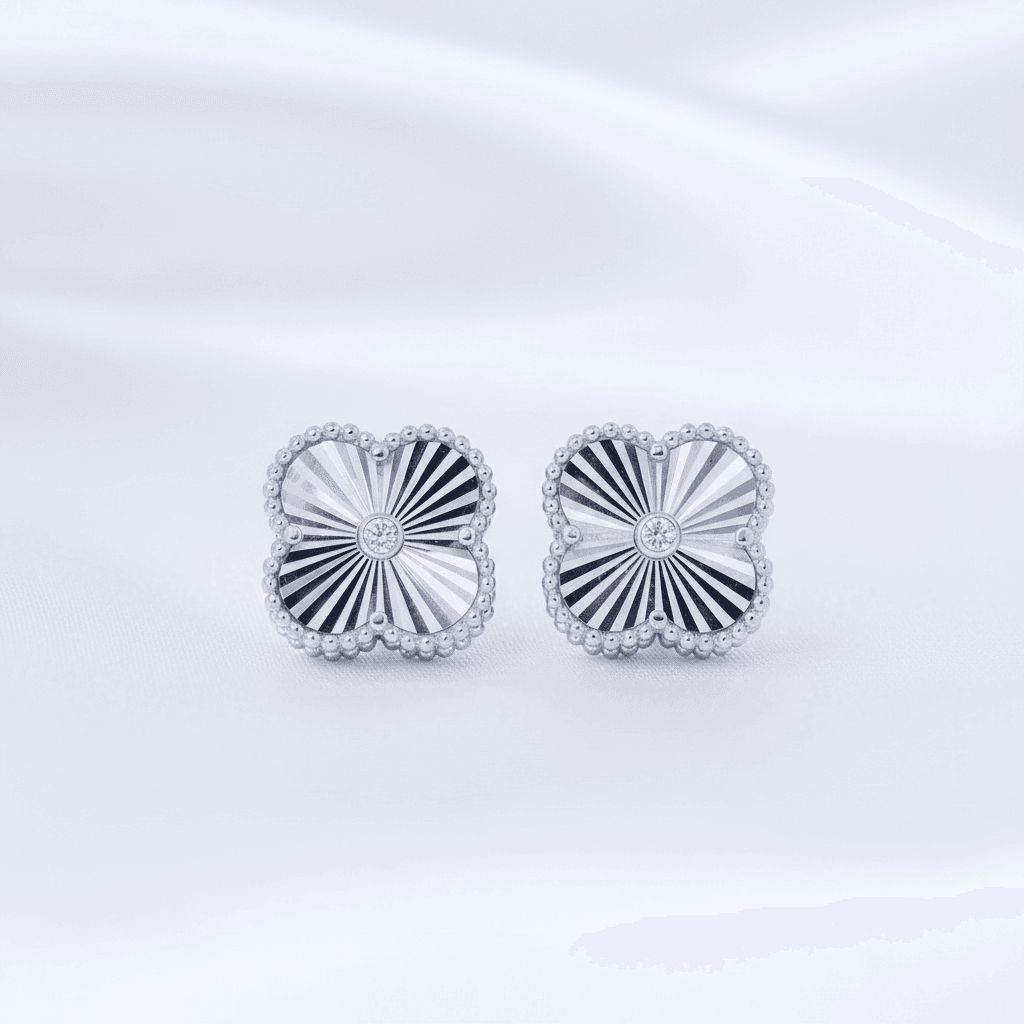 White Gold Sunburst Clover Diamond Stud Earrings