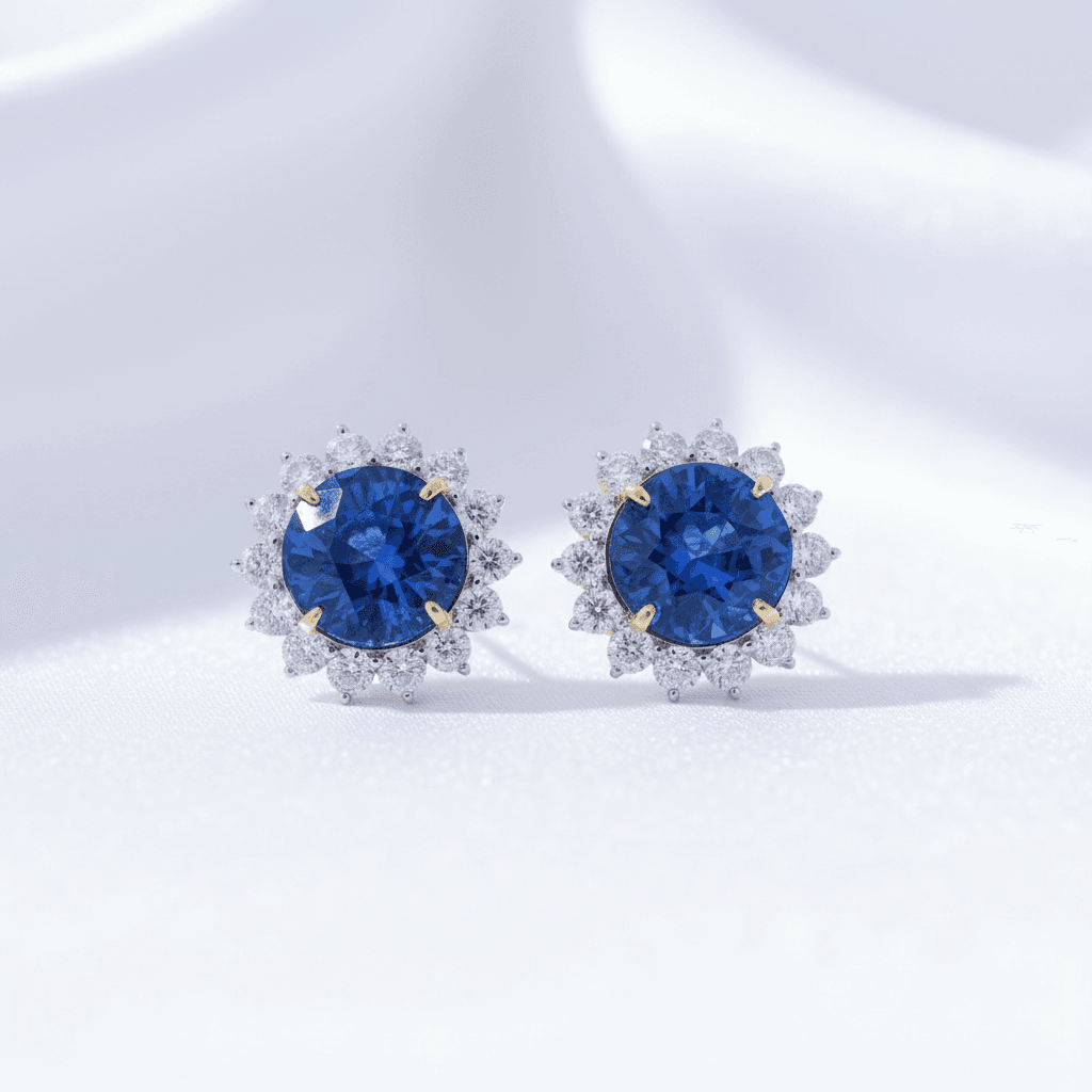 Royal Blue Sapphire Diamond Sunflower Halo Stud Earrings
