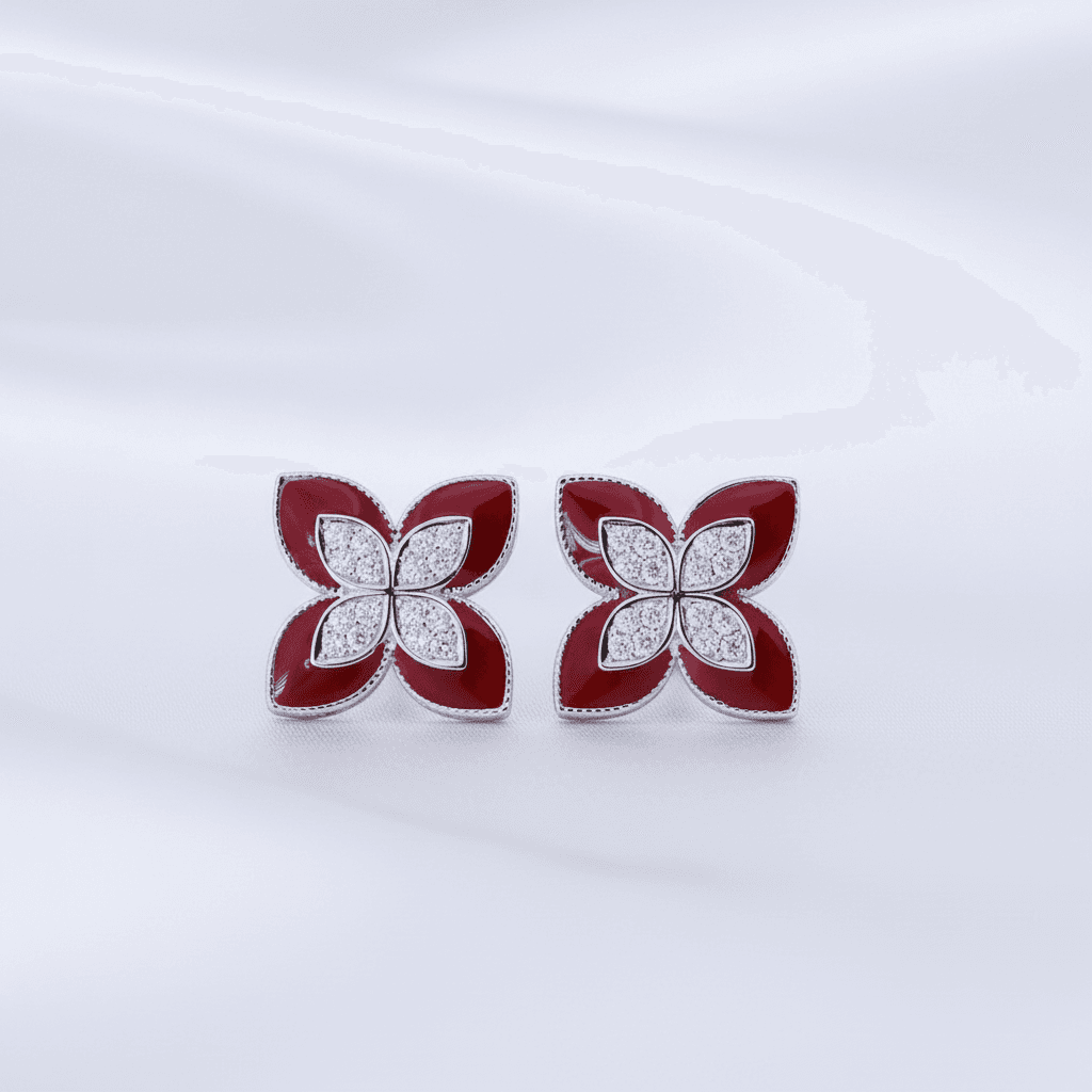 Red Enamel Four Petal Flower Diamond Stud Earrings