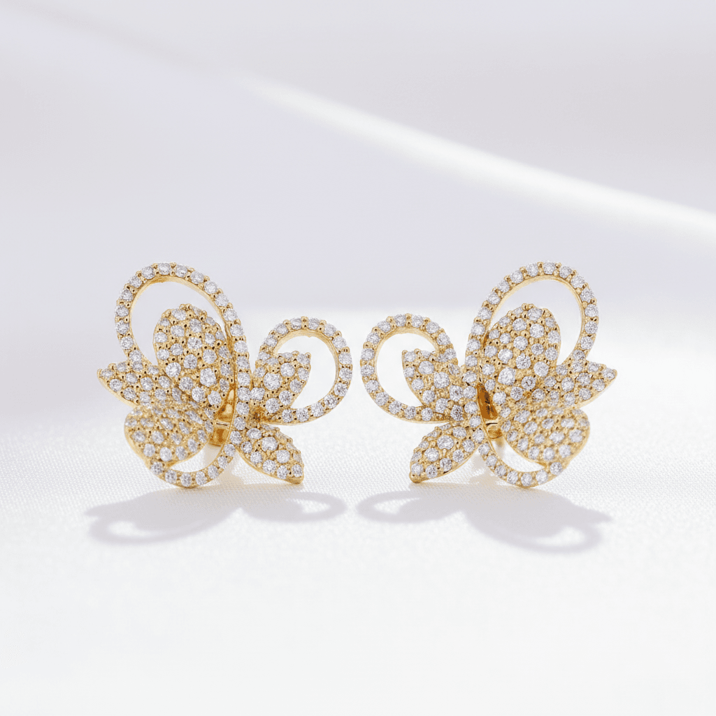 Gold Pave Butterfly Flower Diamond Stud Earrings