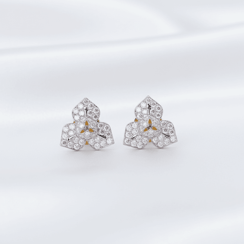 Three Petal Flower Diamond Cluster Stud Earrings