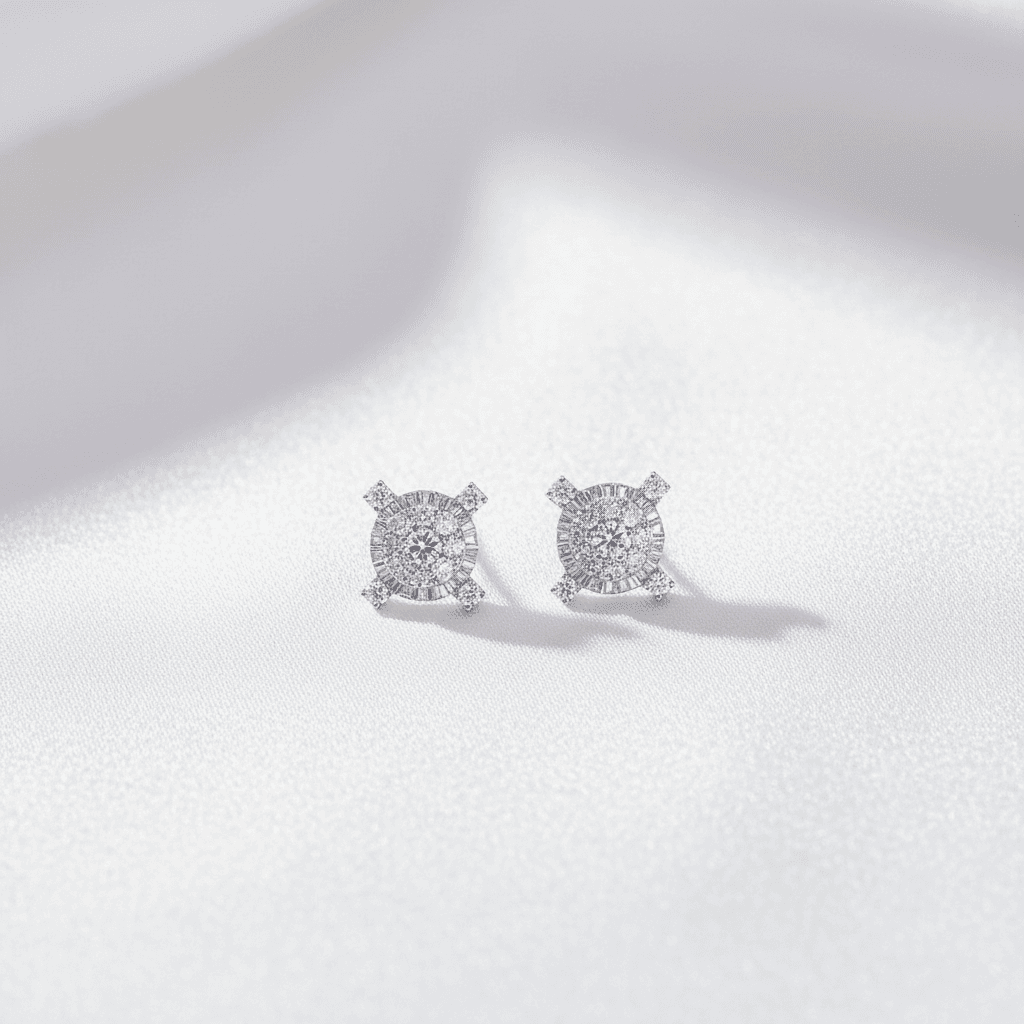 Baguette Halo Cluster Diamond Stud Earrings
