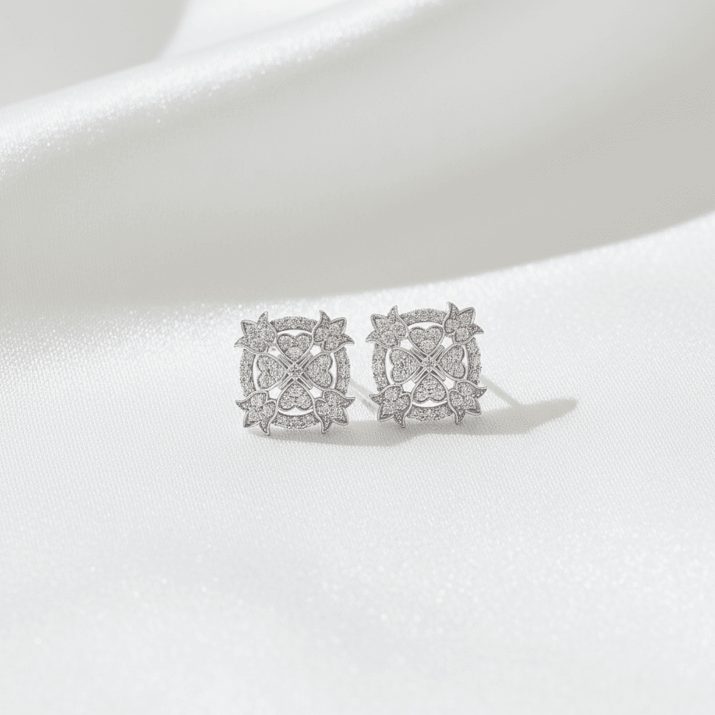 Open Cross Floral Diamond Stud Earrings