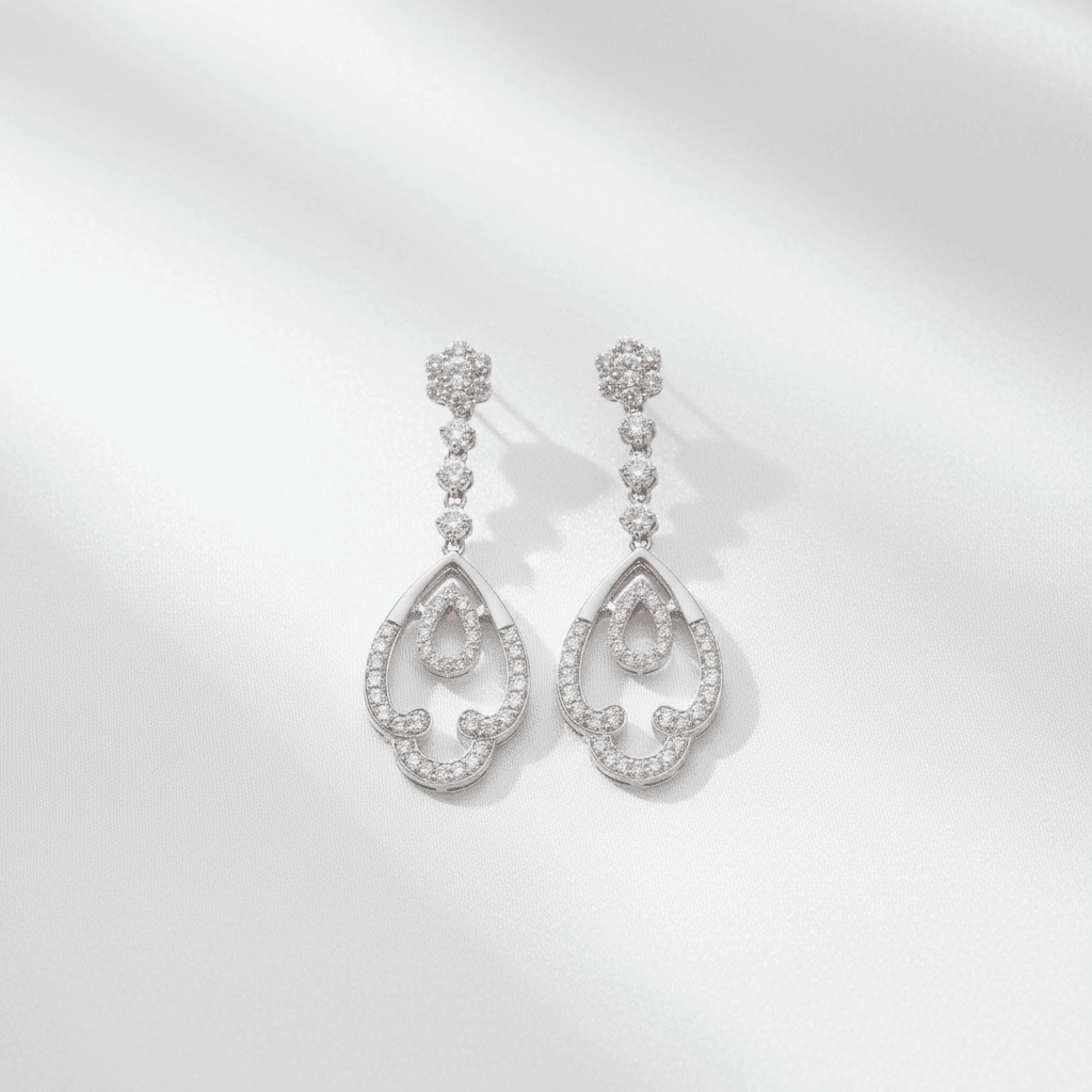 Flower Top Open Teardrop Scroll Diamond Drop Earrings