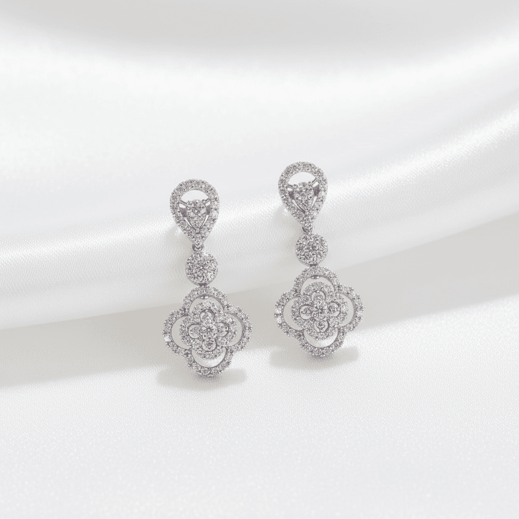 Pear Top Clover Halo Diamond Drop Earrings