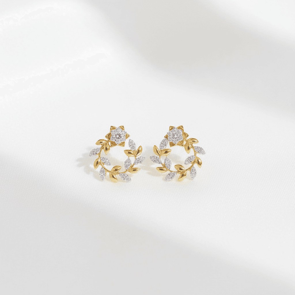 Two-Tone Flower & Leaf Wreath Diamond Stud Earrings