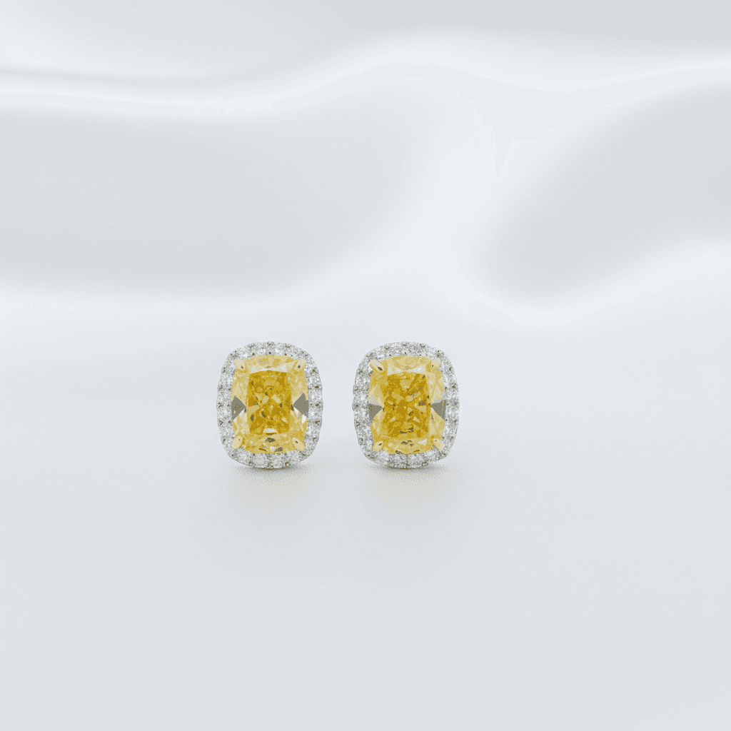 Yellow Diamond Cushion Halo Stud Earrings