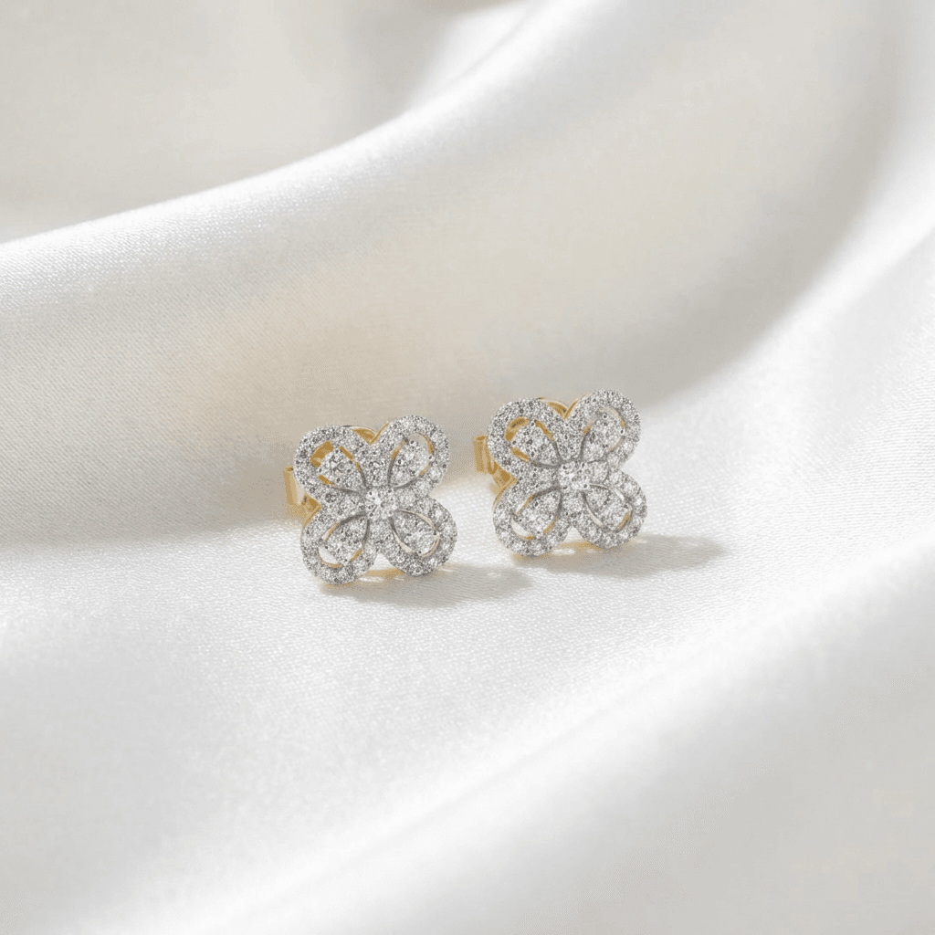 Four Petal Butterfly Diamond Cluster Stud Earrings
