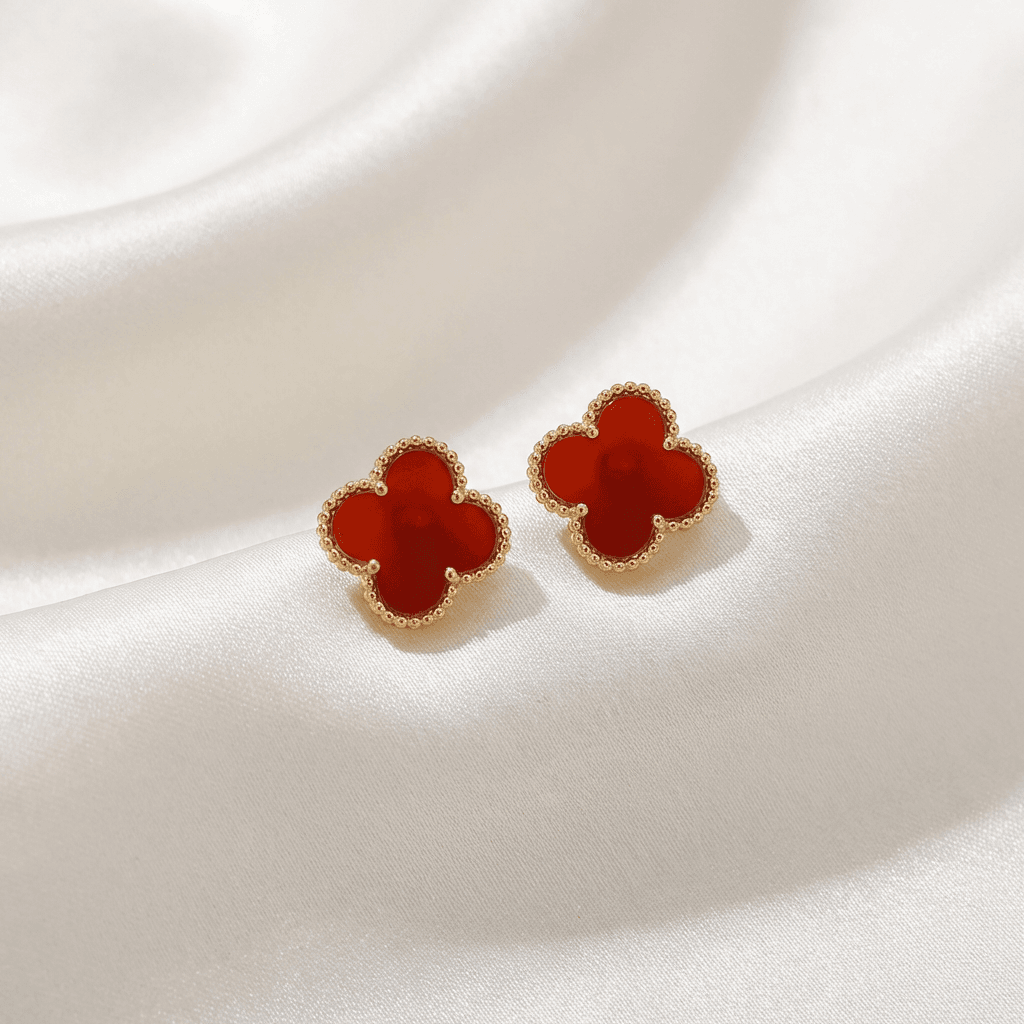 Red Carnelian Clover Gold Stud Earrings