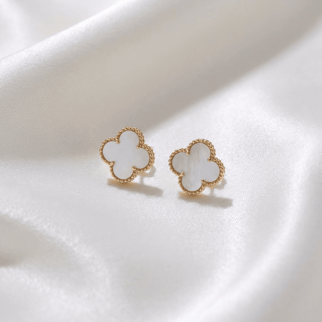 Mother of Pearl Clover Gold Stud Earrings