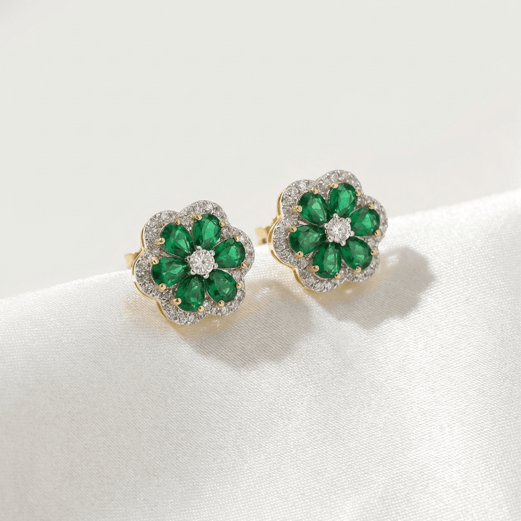 Emerald Flower Diamond Halo Stud Earrings
