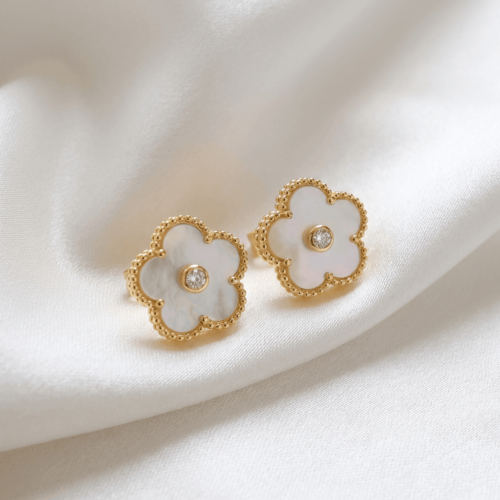 Mother of Pearl Flower Diamond Gold Stud Earrings