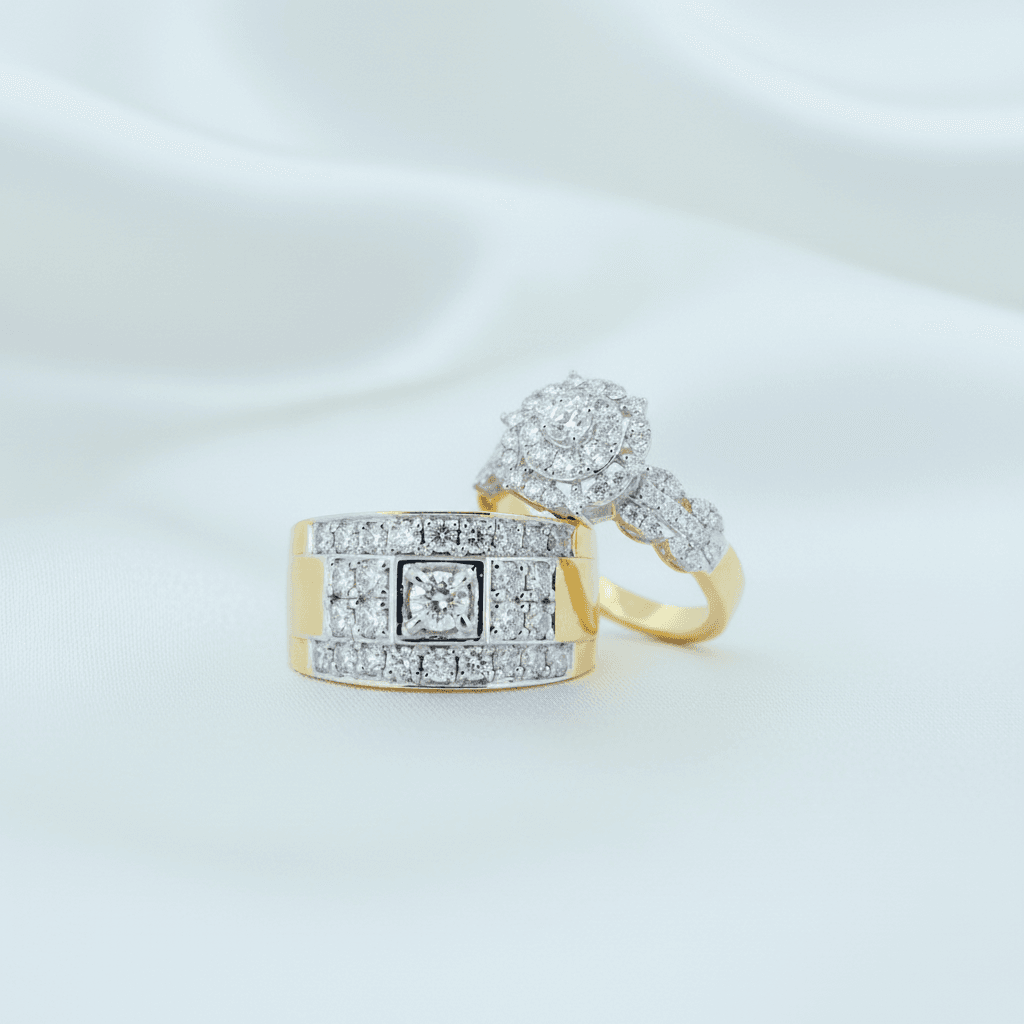 Two-Tone Square Pave Band & Double Halo Diamond Couple Rings