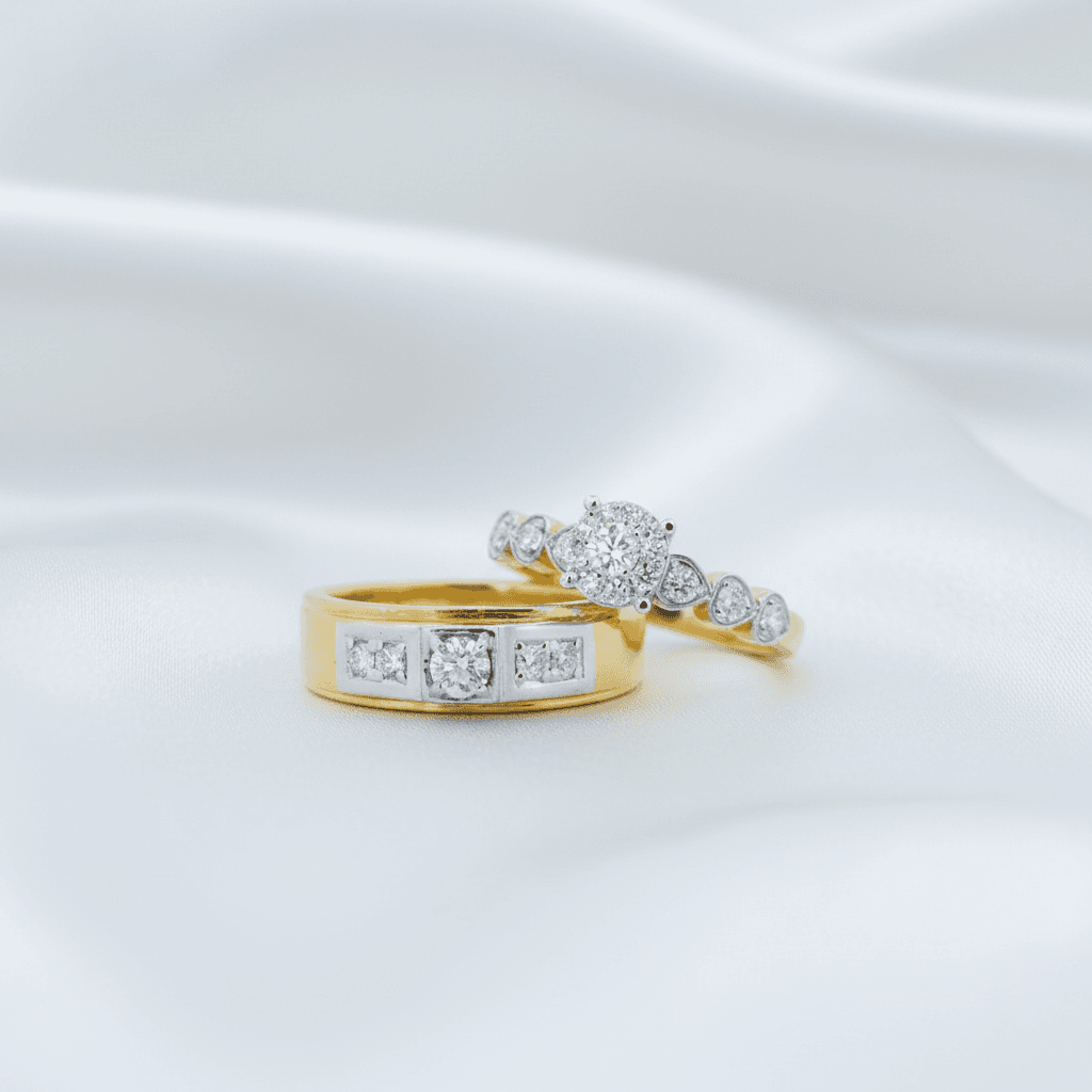 Halo Solitaire & Square Diamond Band Couple Rings (RF0597 / RM0138)