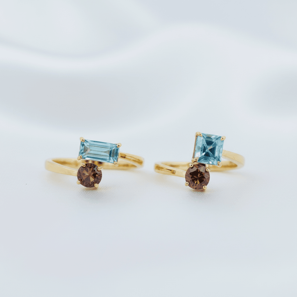 Blue Topaz Garnet Gold Rings (Set of 2)