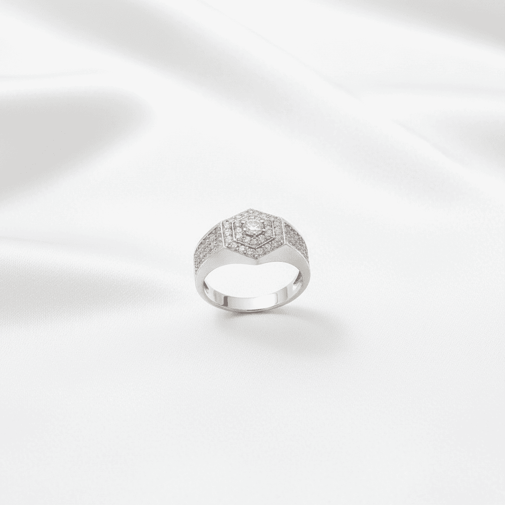 Men's White Gold Hexagonal Diamond Cluster Ring