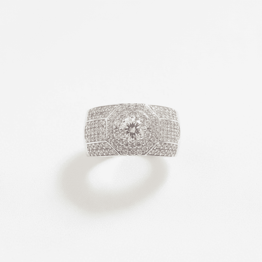 Men's White Gold Curved Pavé Diamond Wide Ring