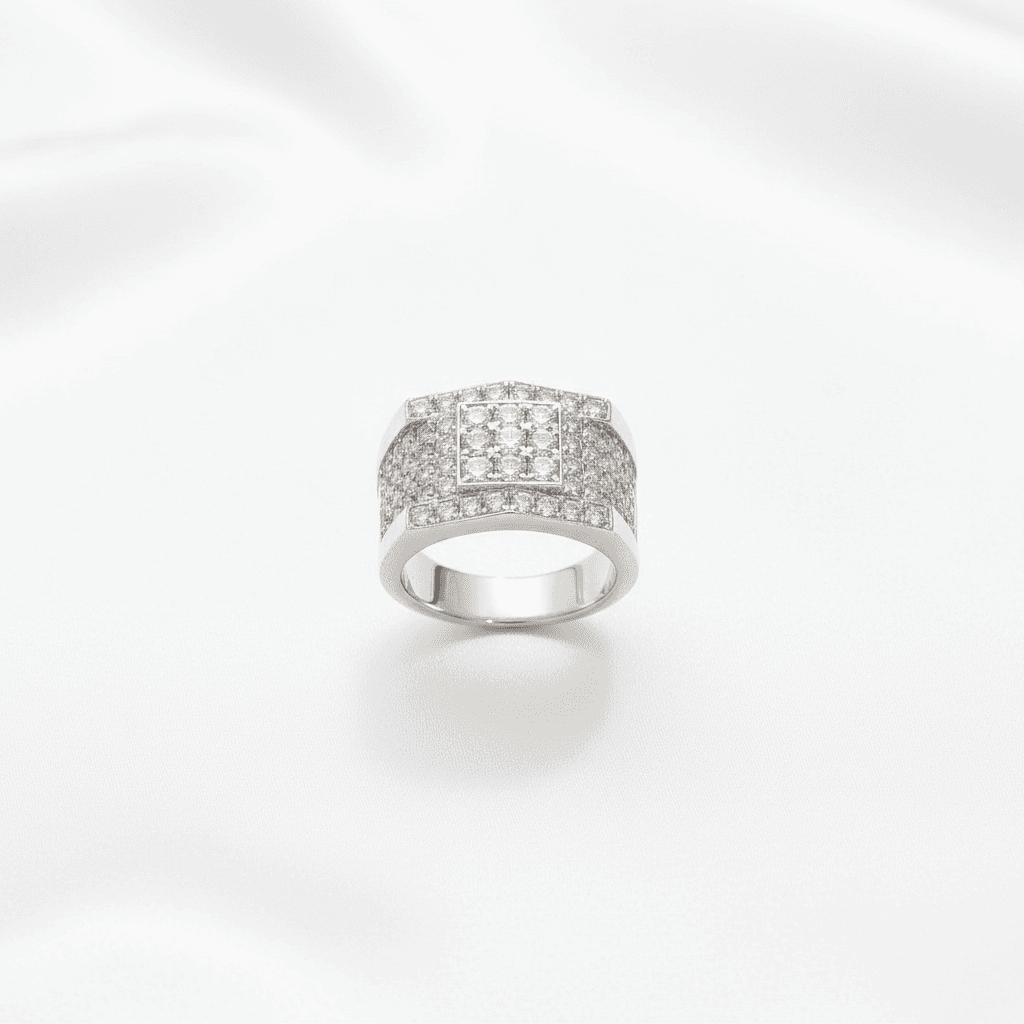 Men's White Gold Square Cluster Wide Diamond Ring
