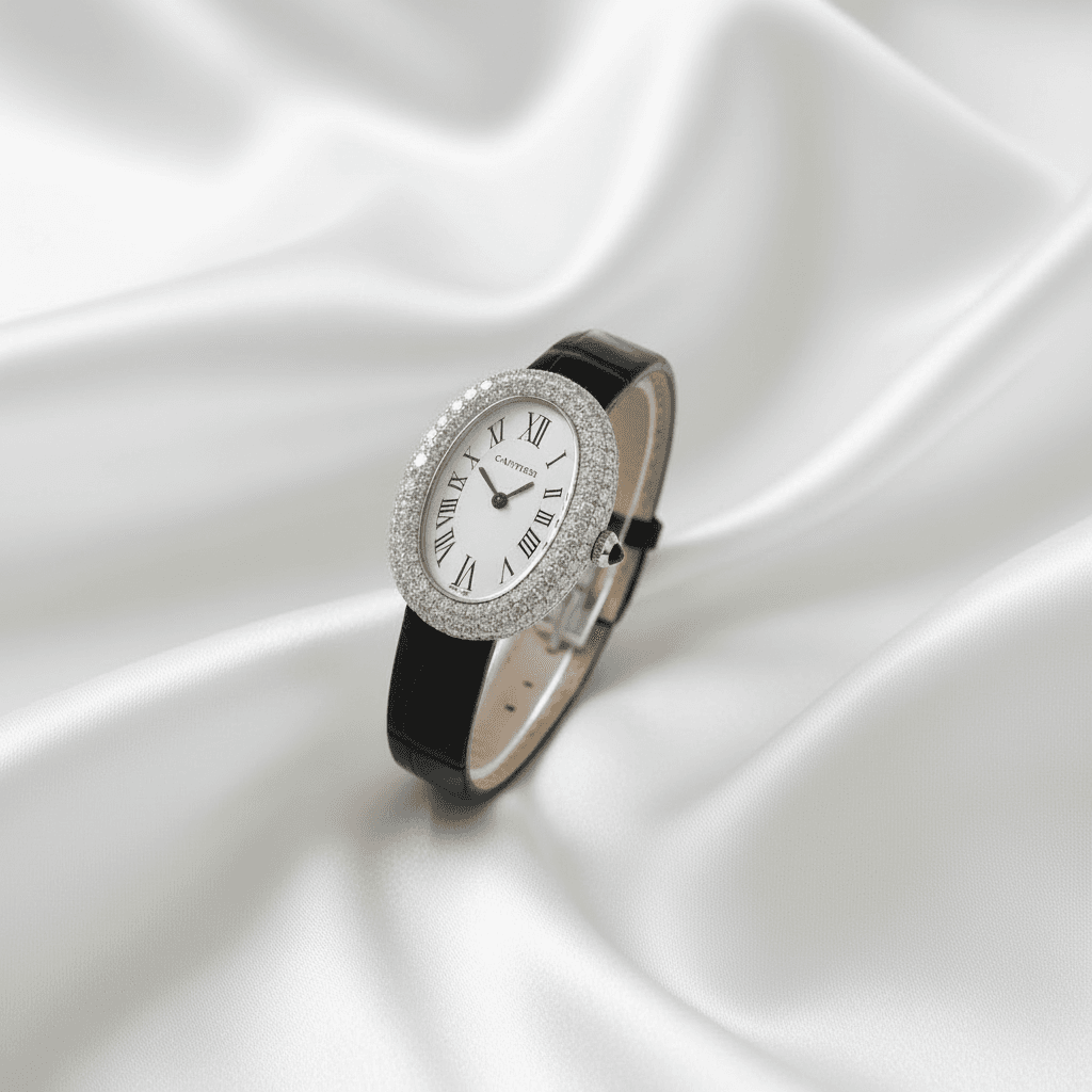Oval Diamond Pave Watch with Leather Strap