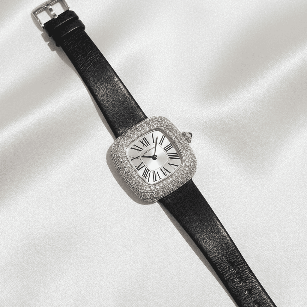 Cushion Diamond Pave Watch with Black Leather Strap