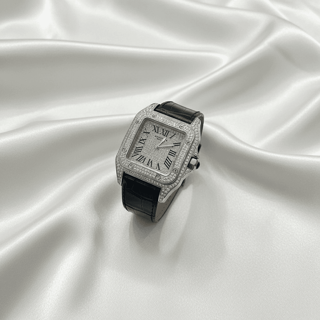 Iced Out Square Bezel Diamond Watch with Black Strap